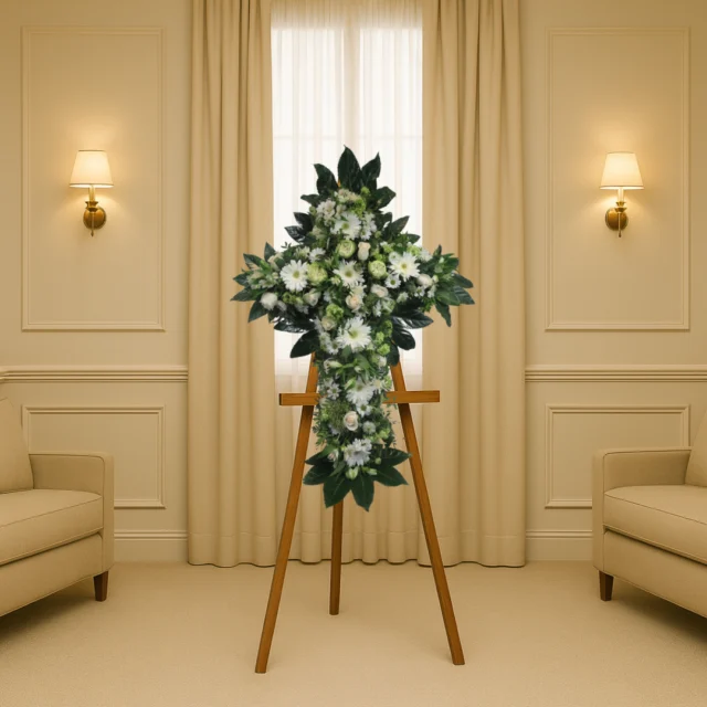 Cruz blanca de gerberas