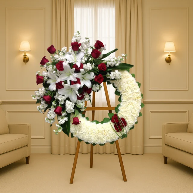Corona de clavel, rosas y lilium